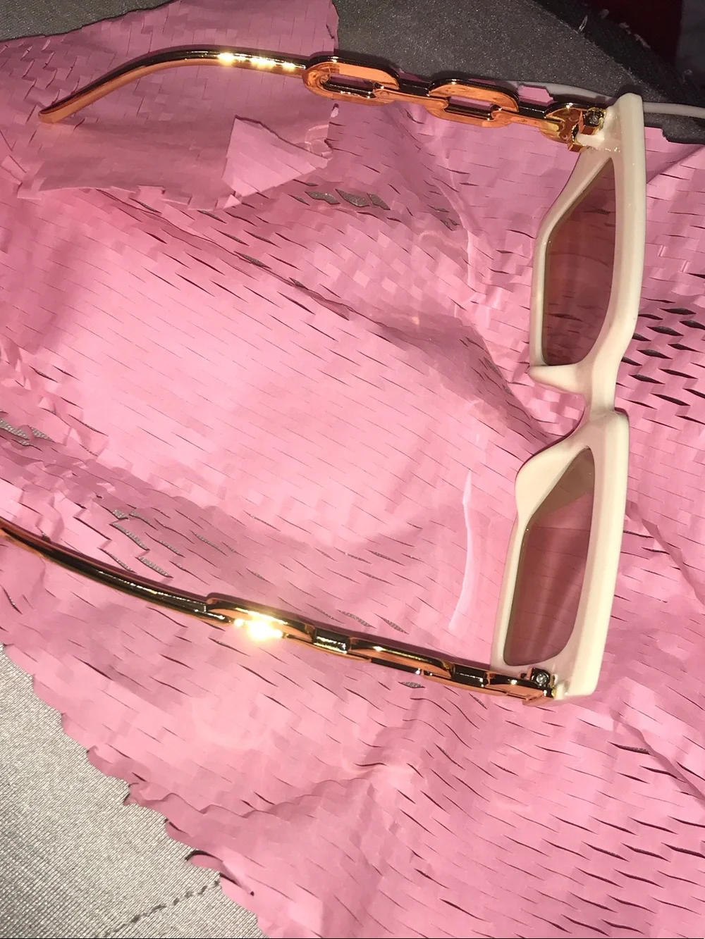 Ivory Square Frame Sunglasses with Brown Lenses & chain detailing